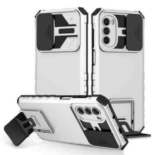 For Motorola Moto G52 Stereoscopic Holder Sliding Camshield Phone Case(White)