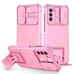 For Motorola Moto G52 Stereoscopic Holder Sliding Camshield Phone Case(Pink)