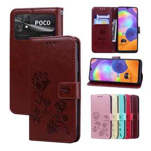 For Xiaomi Poco C40 Rose Embossed Flip PU Leather Phone Case(Brown)