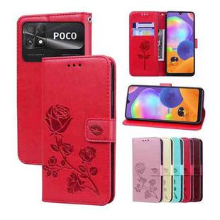 For Xiaomi Poco C40 Rose Embossed Flip PU Leather Phone Case(Red)