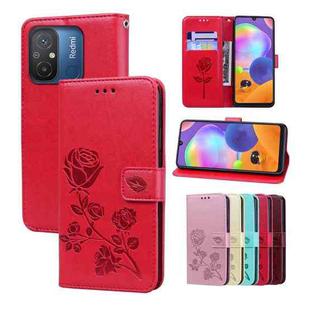 For Xiaomi Redmi 12C/11A 4G Global/Poco C55 Rose Embossed Flip PU Leather Phone Case(Red)
