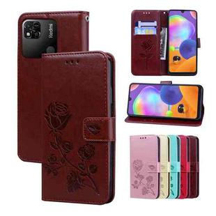 For Xiaomi Redmi 10A 4G Rose Embossed Flip PU Leather Phone Case(Brown)