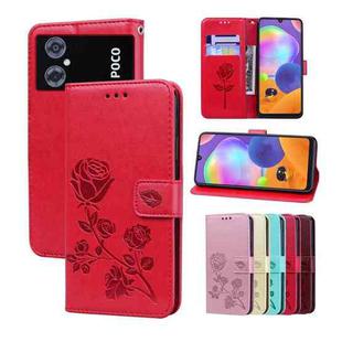 For Xiaomi Poco M4 5G/Poco M5/Redmi Note 11R Rose Embossed Flip PU Leather Phone Case(Red)