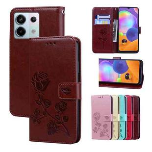 For Xiaomi Redmi Note 13 5G Rose Embossed Flip PU Leather Phone Case(Brown)