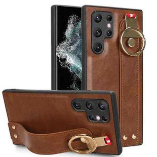 For Samsung Galaxy S22 Ultra 5G Wristband Leather Back Phone Case(Brown)