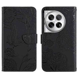 For OnePlus 12R 5G Global Skin Feel Butterfly Peony Embossed Leather Phone Case(Black)