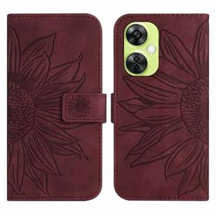 For OnePlus Nord CE 3 Lite Skin Feel Sun Flower Embossed Leather Phone Case with Lanyard(Wine Red)