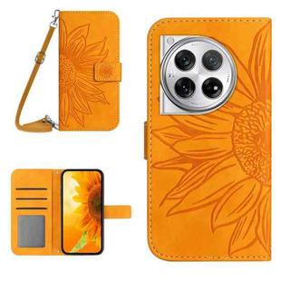 For OnePlus 12R 5G Global Skin Feel Sun Flower Embossed Leather Phone Case with Lanyard(Yellow)