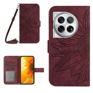 For OnePlus 12R 5G Global Skin Feel Sun Flower Embossed Leather Phone Case with Lanyard(Wine Red)