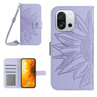 For OnePlus 13T Skin Feel Sun Flower Embossed Leather Phone Case with Lanyard(Purple)