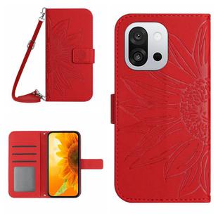 For OnePlus 13T Skin Feel Sun Flower Embossed Leather Phone Case with Lanyard(Red)
