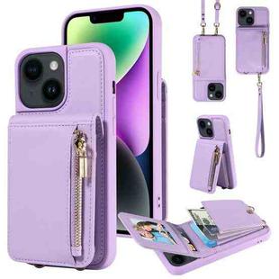 For iPhone 14 Crossbody Lanyard Zipper Wallet Leather Phone Case(Purple)