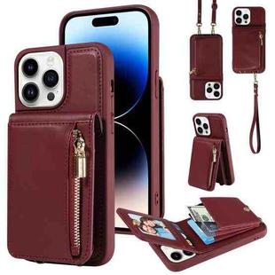 For iPhone 14 Pro Crossbody Lanyard Zipper Wallet Leather Phone Case(Wine Red)