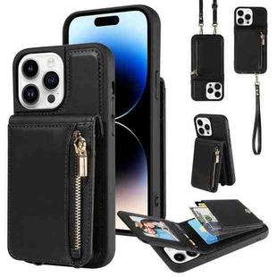 For iPhone 14 Pro Max Crossbody Lanyard Zipper Wallet Leather Phone Case(Black)