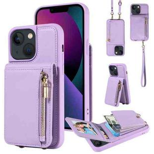 For iPhone 13 Crossbody Lanyard Zipper Wallet Leather Phone Case(Purple)