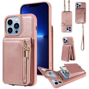For iPhone 13 Pro Max Crossbody Lanyard Zipper Wallet Leather Phone Case(Rose Gold)