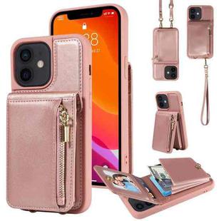 For iPhone 12 / 12 Pro Crossbody Lanyard Zipper Wallet Leather Phone Case(Rose Gold)