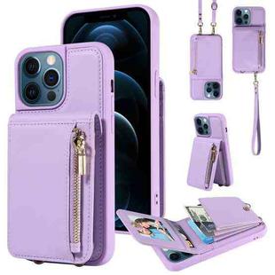 For iPhone 12 Pro Max Crossbody Lanyard Zipper Wallet Leather Phone Case(Purple)