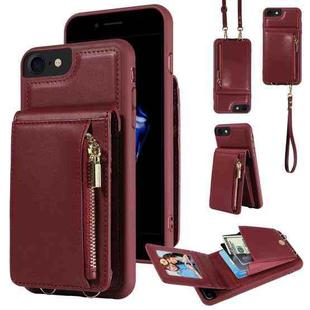 For iPhone SE 2022/ 7 / 8 Crossbody Lanyard Zipper Wallet Leather Phone Case(Wine Red)