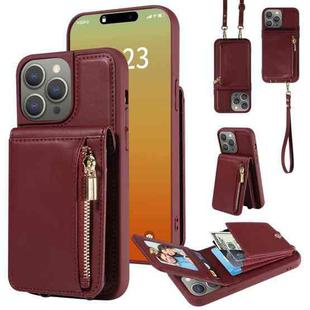 For iPhone 15 Pro Max Crossbody Lanyard Zipper Wallet Leather Phone Case(Wine Red)