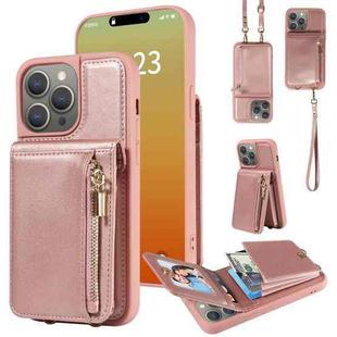 For iPhone 15 Pro Max Crossbody Lanyard Zipper Wallet Leather Phone Case(Rose Gold)