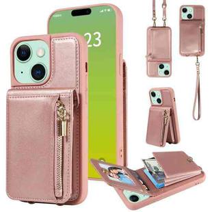 For iPhone 15 Plus Crossbody Lanyard Zipper Wallet Leather Phone Case(Rose Gold)