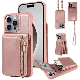 For iPhone 16 Pro Max Crossbody Lanyard Zipper Wallet Leather Phone Case(Rose Gold)