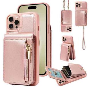 For iPhone 16 Pro Crossbody Lanyard Zipper Wallet Leather Phone Case(Rose Gold)