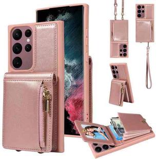 For Samsung Galaxy S22 Ultra 5G Crossbody Lanyard Zipper Wallet Leather Phone Case(Rose Gold)