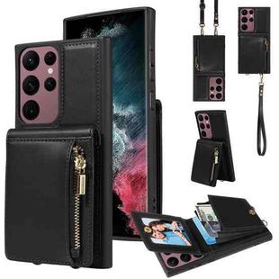 For Samsung Galaxy S22 Ultra 5G Crossbody Lanyard Zipper Wallet Leather Phone Case(Black)