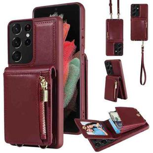 For Samsung Galaxy S21 Ultra 5G Crossbody Lanyard Zipper Wallet Leather Phone Case(Wine Red)