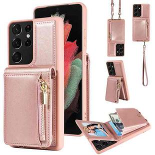For Samsung Galaxy S21 Ultra 5G Crossbody Lanyard Zipper Wallet Leather Phone Case(Rose Gold)