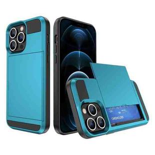 For iPhone 12 Pro Max Multifunction Armor Slide Card Slot Phone Case(Sky Blue)