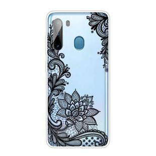 For Samsung Galaxy A21 Coloured Drawing Pattern Highly Transparent TPU Protective Case(Black Rose)