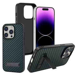 For iPhone 14 Pro Carbon Fiber Texture PC Protective Phone Case with Holder(Green)