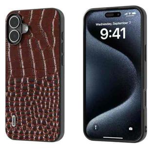 For iPhone 16 ABEEL Genuine Leather Crocodile Pattern Black Edge Phone Case(Coffee)