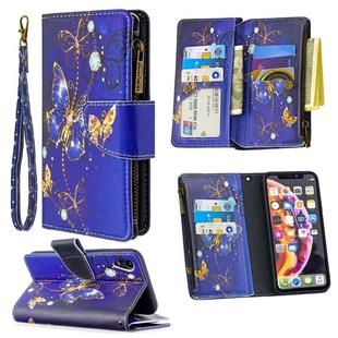For iPhone XR Colored Drawing Pattern Zipper Horizontal Flip Leather Case with Holder & Card Slots & Wallet(Purple Butterfly)