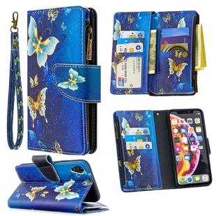 For iPhone XR Colored Drawing Pattern Zipper Horizontal Flip Leather Case with Holder & Card Slots & Wallet(Gold Butterfly)