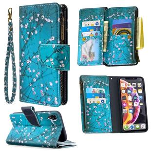 For iPhone XR Colored Drawing Pattern Zipper Horizontal Flip Leather Case with Holder & Card Slots & Wallet(Plum Blossom)