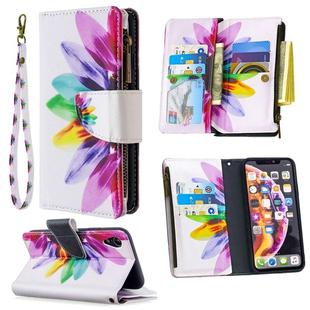 For iPhone XR Colored Drawing Pattern Zipper Horizontal Flip Leather Case with Holder & Card Slots & Wallet(Sun Flower)