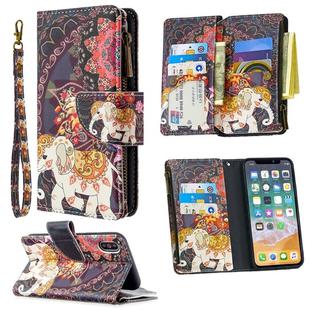 For iPhone XS / X Colored Drawing Pattern Zipper Horizontal Flip Leather Case with Holder & Card Slots & Wallet(Flower Elephants)