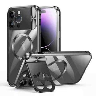 For iPhone 14 Pro Large Window Holder MagSafe Magnetic Metal Phone Case(Black)