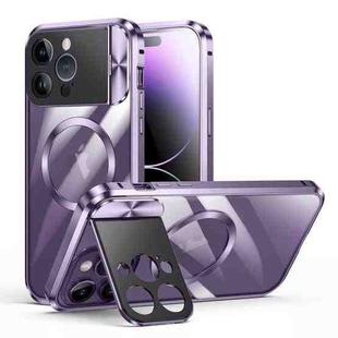 For iPhone 13 Pro Large Window Holder MagSafe Magnetic Metal Phone Case(Purple)