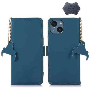 For iPhone 15 Plus Genuine Leather Magnetic RFID Leather Phone Case(Blue)