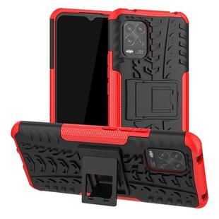 For Xiaomi Mi 10 Lite 5G Tire Texture Shockproof TPU+PC Protective Case，with Holder(Red)