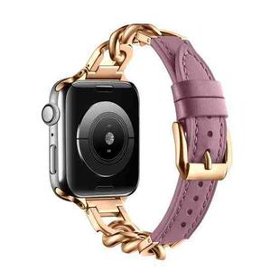 For Apple Watch 9 45mm Chain Genuine Leather Watch Band, Size: L(Rose Gold Pale Mauve)