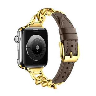 For Apple Watch Series 8 45mm Chain Genuine Leather Watch Band, Size: S(Gold Dark Brown)