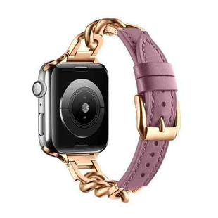 For Apple Watch SE 2022 44mm Chain Genuine Leather Watch Band, Size: S(Rose Gold Pale Mauve)