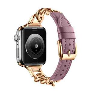 For Apple Watch Series 6 44mm Chain Genuine Leather Watch Band, Size: S(Rose Gold Pale Mauve)