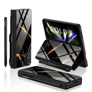 For Samsung Galaxy Z Fold5 GKK Painted Tempered Glass Flip Leather Phone Case with Pen Slot(Gold Line Black)